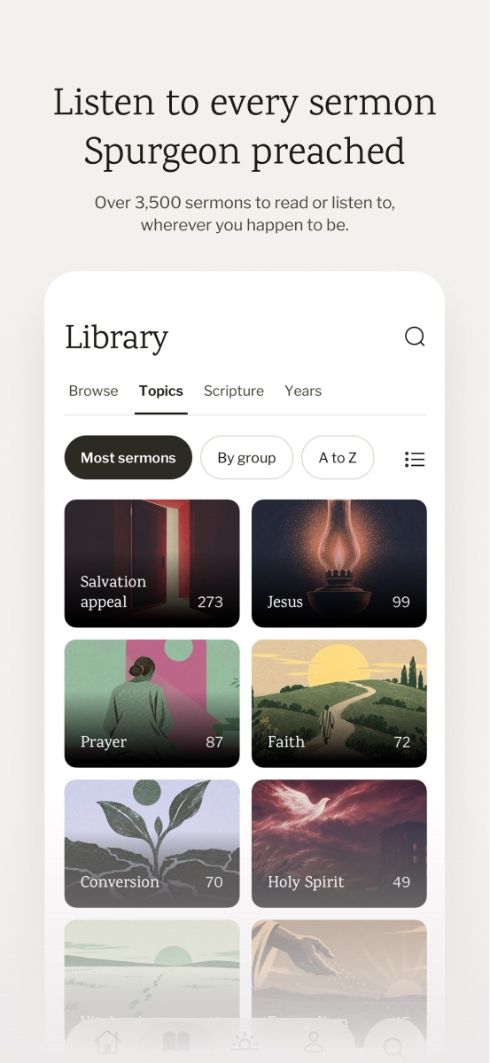 The Library’s topics in the app: Salvation appeal, Jesus, Prayer, Faith, Conversion and Holy Spirit, with how many sermons each has