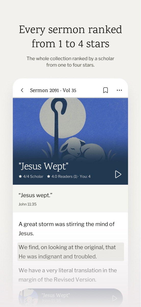 A sermon in the app, “Jesus Wept”, with the scholar’s four stars and the readers’ rating