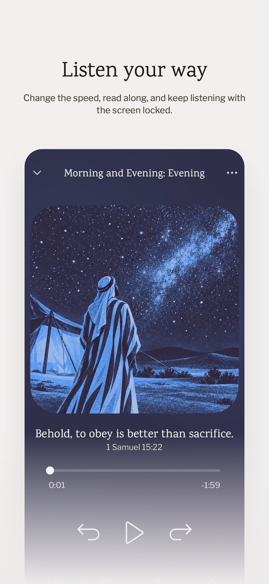 Now playing in the app: the evening reading, with speed, read along, sleep timer and sound