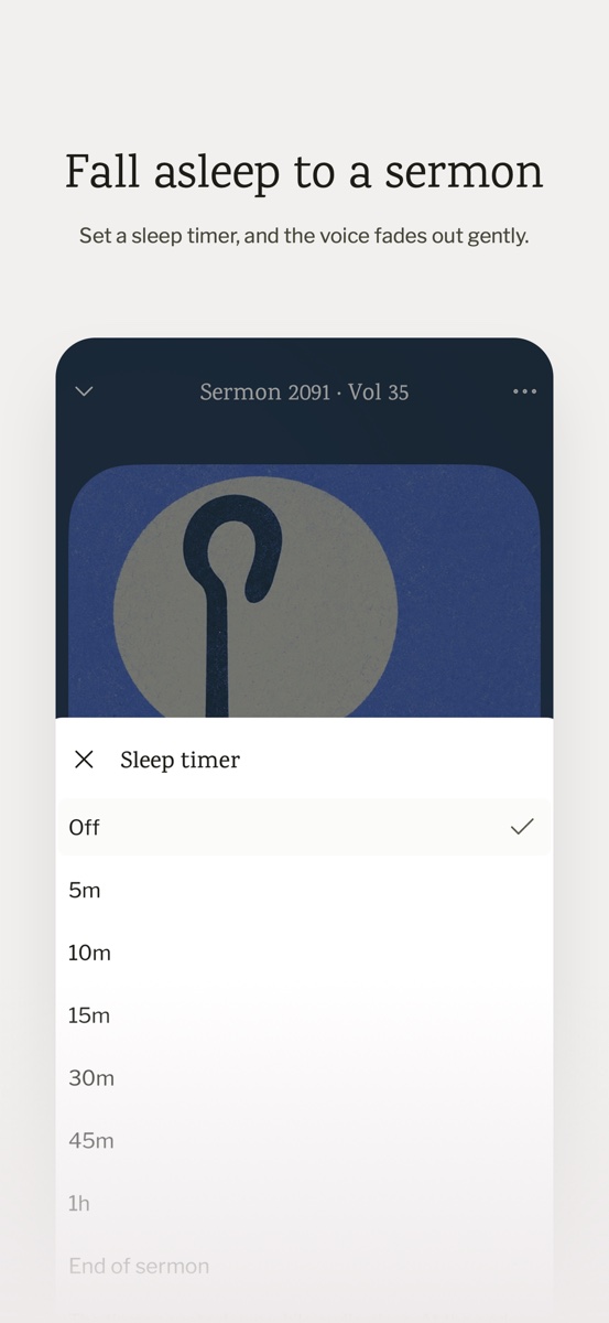 The sleep timer in the app: off, five minutes up to an hour, or the end of the sermon
